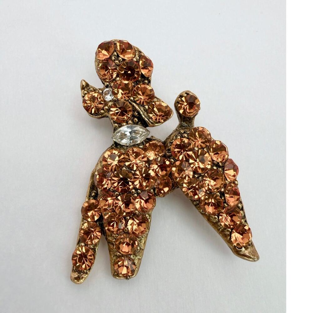 Vintage 60s Poodle Brooch High Dome Topaz Rhinestone Pin